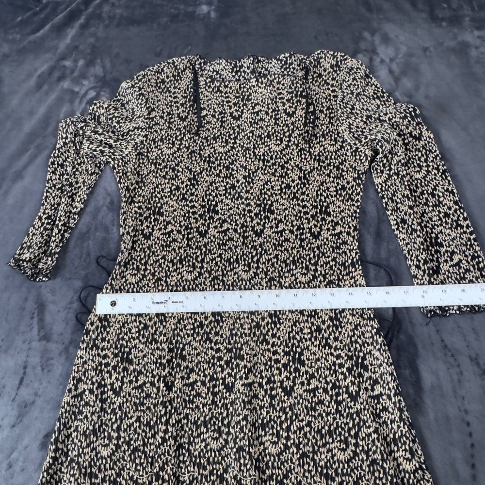 Connected Apparel Midi Dress Womens 10 Black Tan Leaf Print Pleated Asymmetrical - Picture 3 of 6